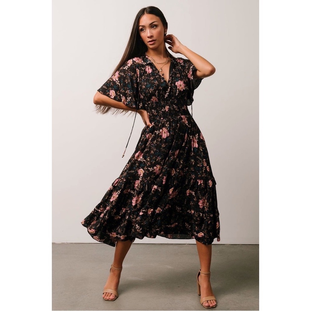 BALTIC BORN | Spell Boho Floral Midi Dress in Black | L
